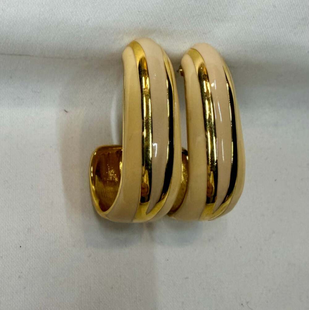 Vintage Cream Enamel and Gold-Tone Metal Statement Hoop Earrings - Picture 2 of 6